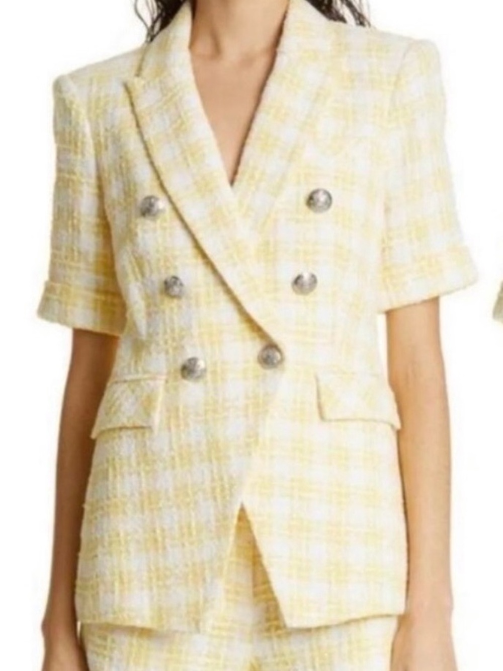 Veronica Beard Yellow & White Tweed Short-Sleeve Double-Breasted Blazer